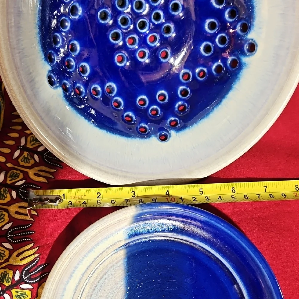 Handmade/Signed Ceramic Berry Bowl & Underplate w/Vibrant Blue Speckled Glaze